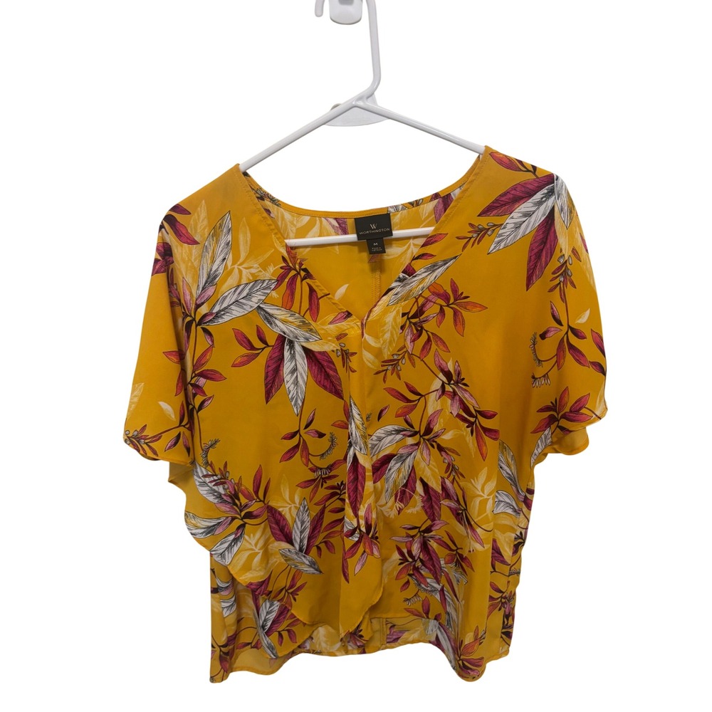 Worthington Womens Mustard Yellow Tropical Floral V-Neck Draped Front Blouse M
